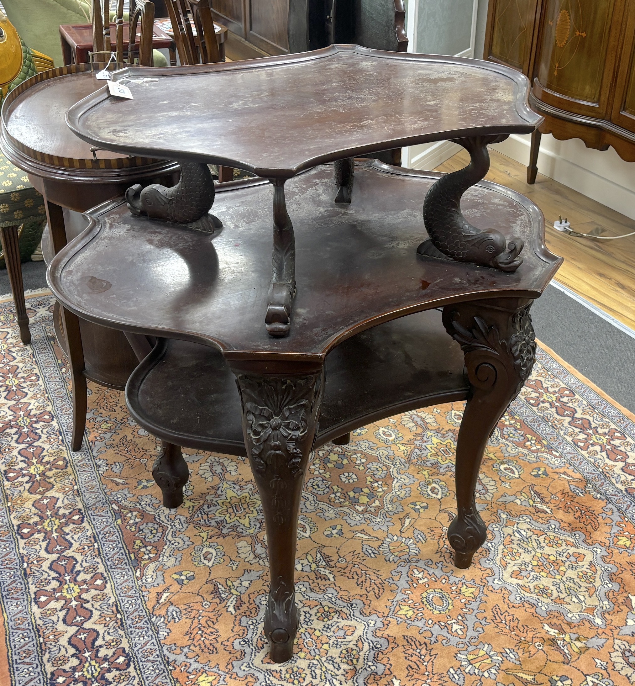 A late 19th / early 20th century Continental three tier etagere, width 91cm, depth 72cm, height 92cm